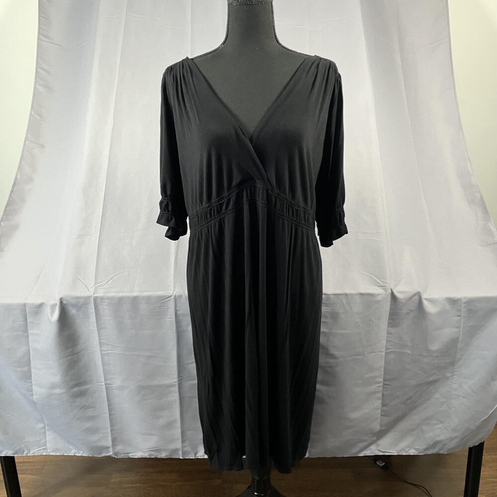 Max Studio Dress Womens Large Black 3/4 Sleeve Midi Ruffle V Neck Stretch - Picture 1 of 15